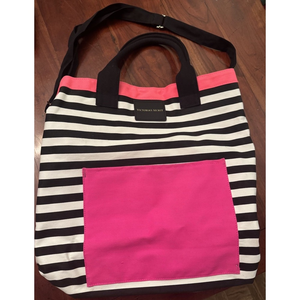 Victoria's Secret Black, White, & Hot Pink Large Tote Bag With Crossbody Strap‎